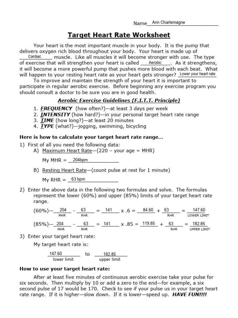 Traget Heart Rate Worksheet PDF Heart Rate Heart