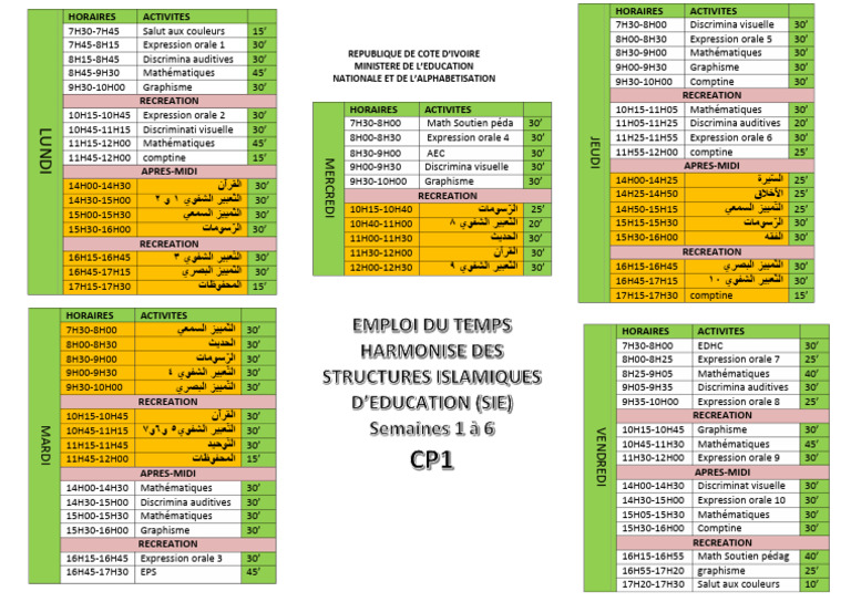Emploi du temps CE2 Côte d'Ivoire | PDF