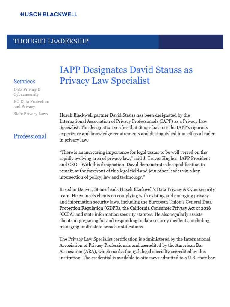 David Stauss Named Privacy Law Specialist | PDF | Information Privacy ...