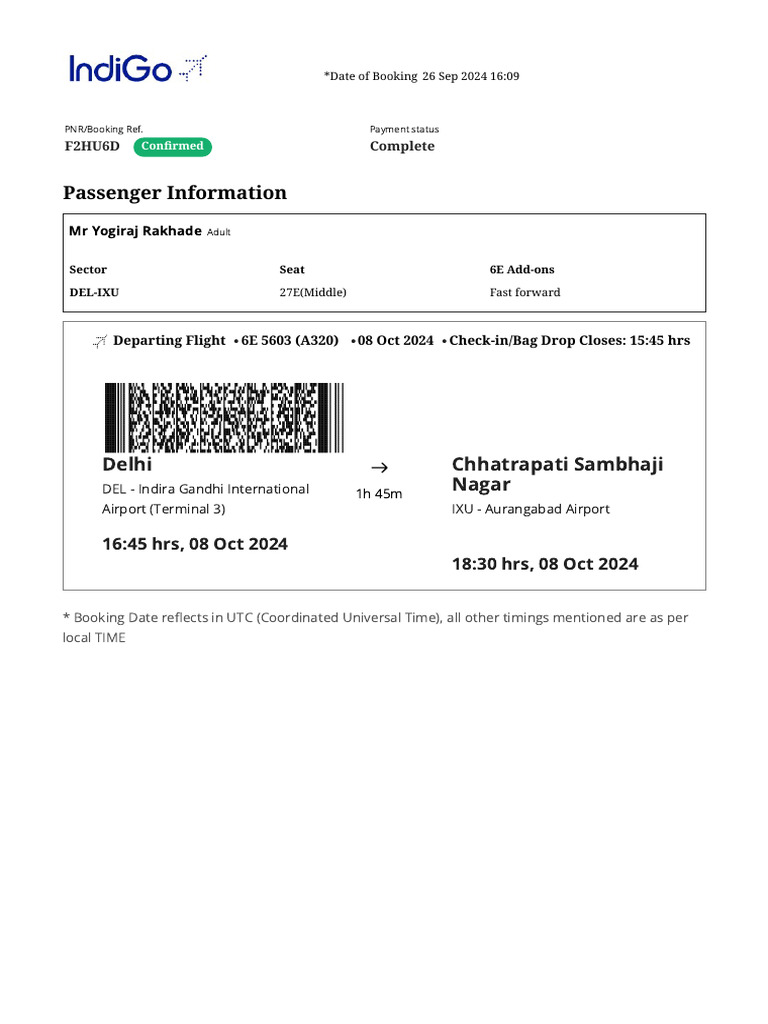 Indigo Return Del To Ixu | PDF | Travel Visa | Airport