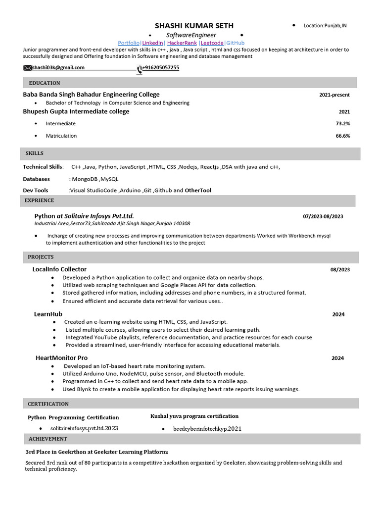Junior Software Engineer Portfolio | PDF | Mobile App | Python ...