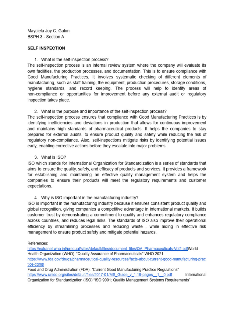 Self-Inspection Process in Manufacturing | PDF | Regulatory Compliance ...