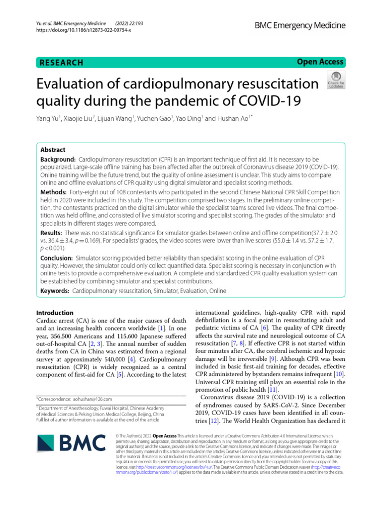 Evaluation of Cardiopulmonary Resuscitation Quality During The Pandemic ...