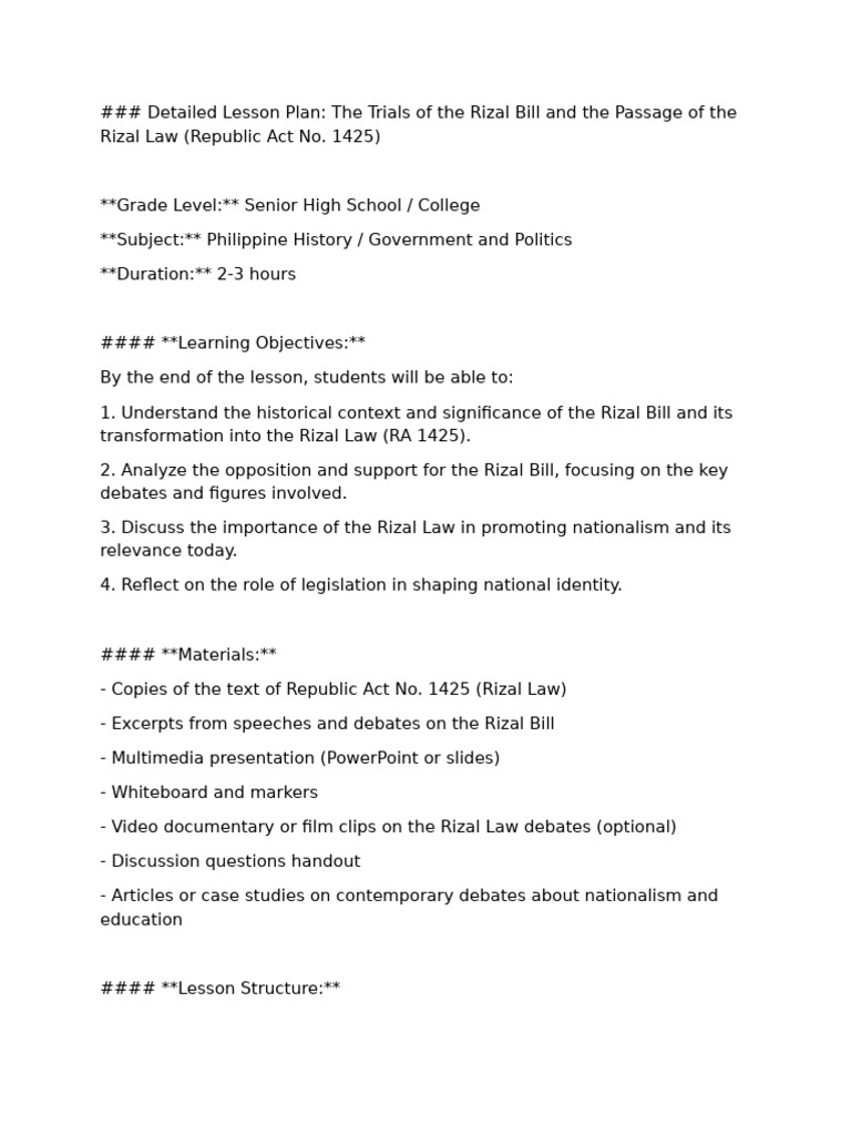 Rizal Law Lesson Plan for Educators | PDF