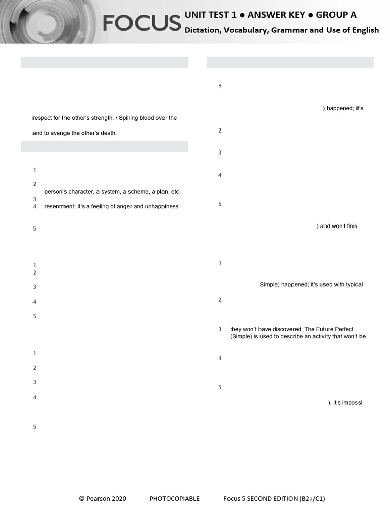 Focus 5 Unit 1 Test Answers Group A | PDF | Verb | Adjective