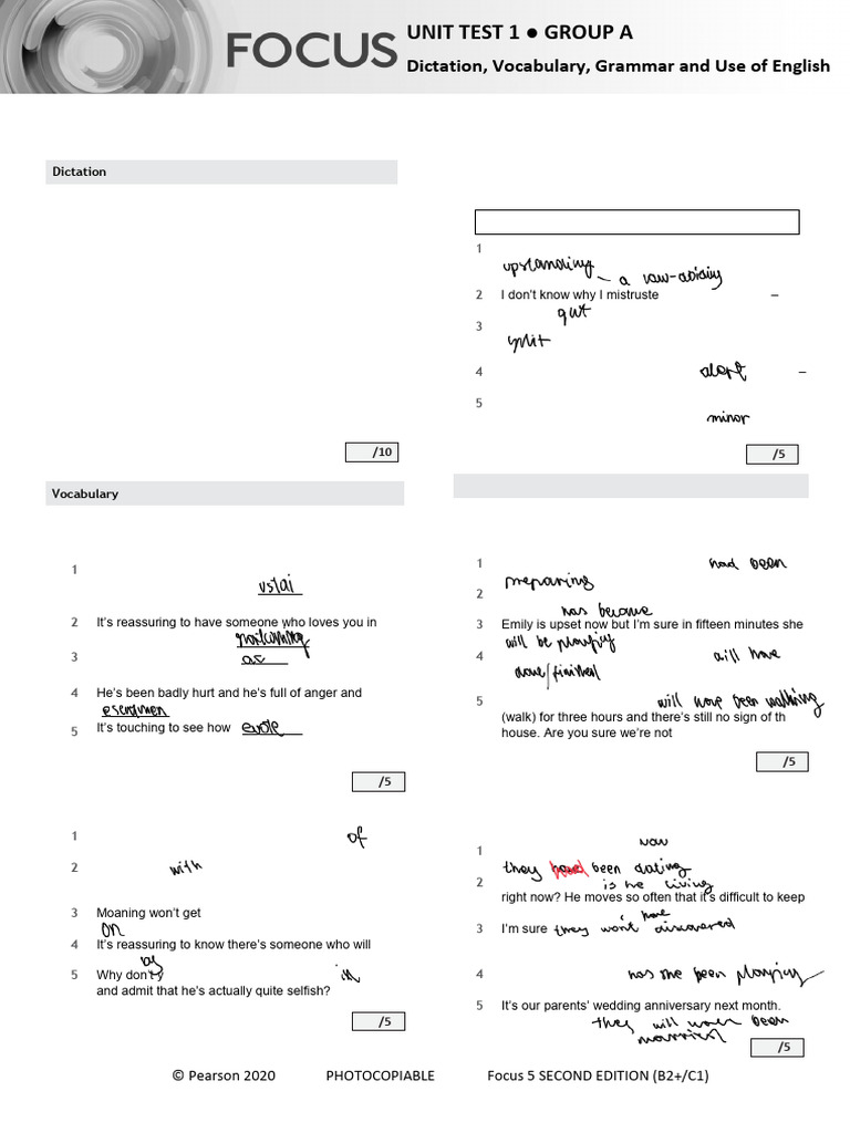 Focus5 2E Unit Test Unit1 Dictation Vocabularyx GB Kgrammar UoE GroupA ...