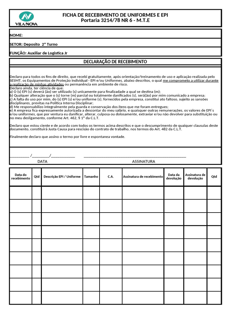 Ficha de Recebimento de EPI e Uniformes | PDF