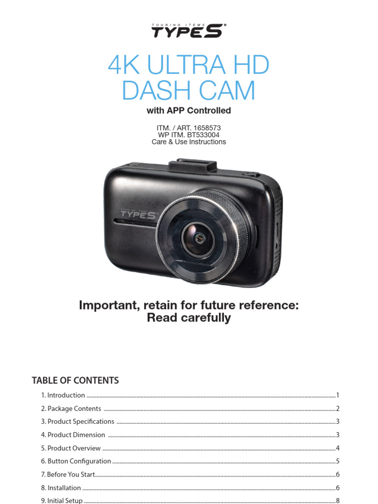 User Manual Type S Ultra HD 4k Dash Cam Bt533004 | PDF