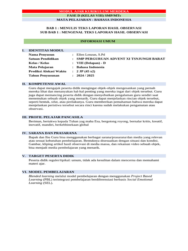 Modul Pembelajaran Teks Laporan Observasi | PDF
