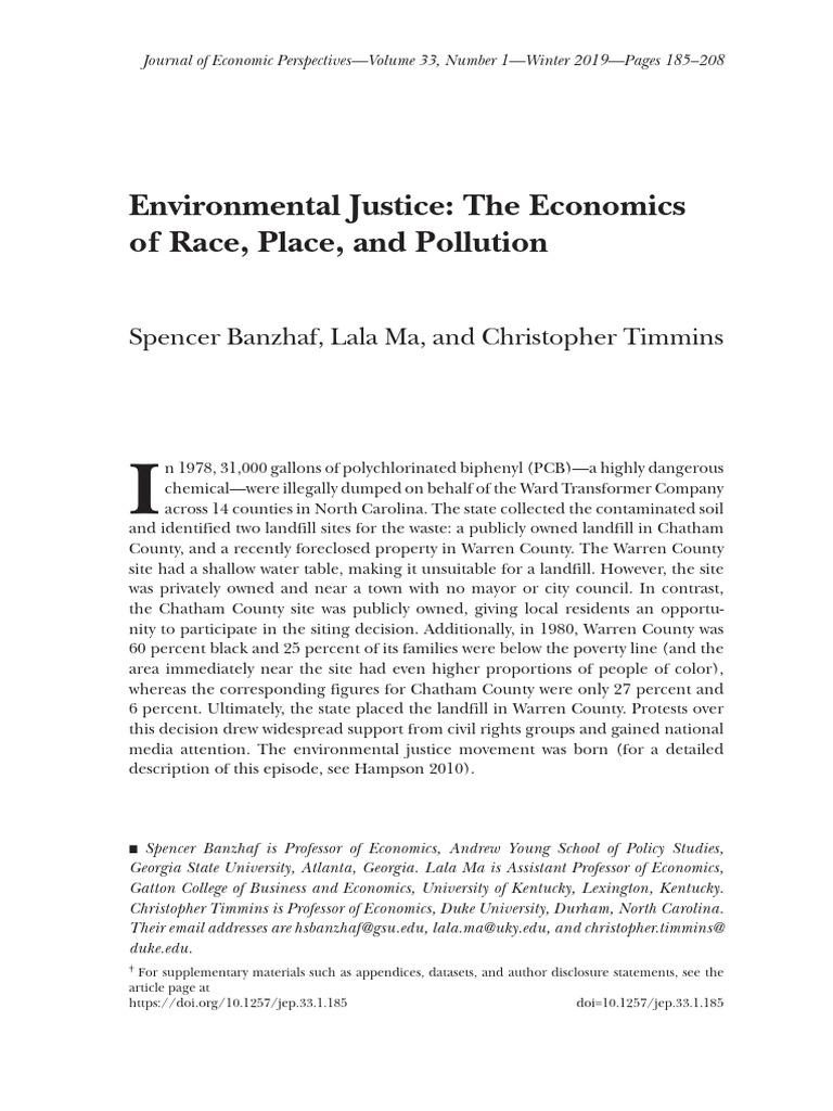 Environmental Justice The Economics Of Race Place And Pollution Pdf