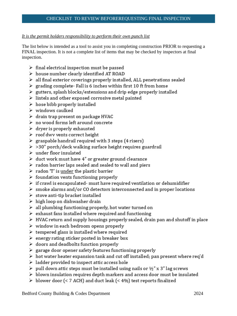 Final Inspection Checklist for New Homes | PDF