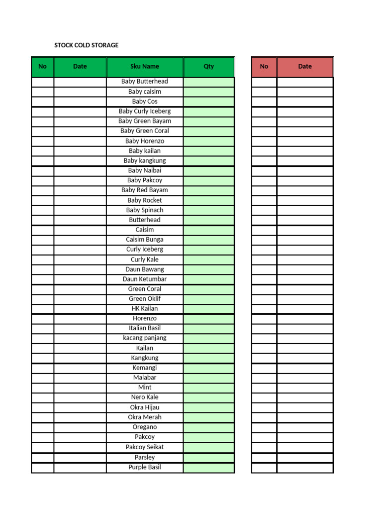 Stock List for Cold Storage Inventory | PDF | Foods | Vegetables