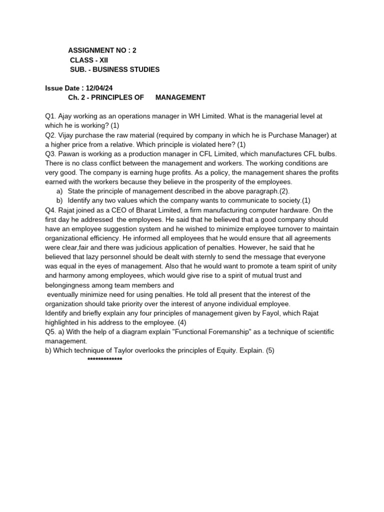 Business Studies Assignment on Management Principles | PDF | Career ...