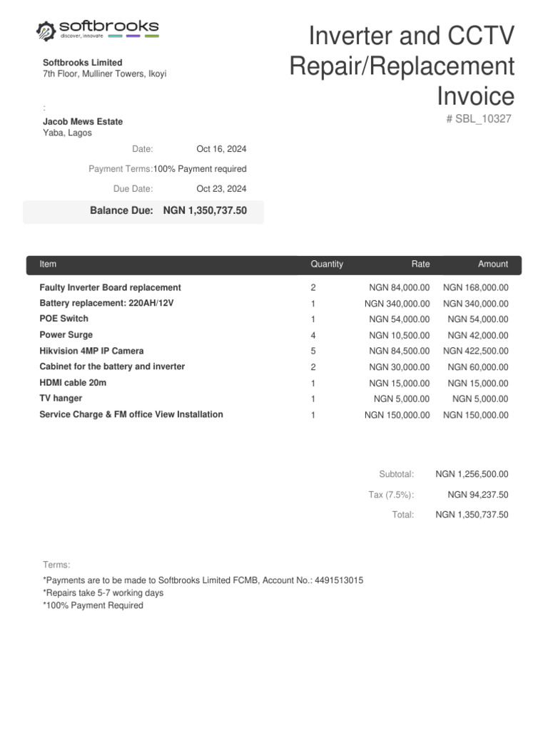 Inverter and CCTV Repair Invoice | PDF | Technology & Engineering