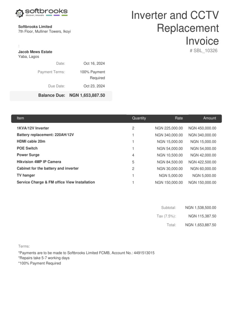 Inverter and CCTV Replacement Invoice | PDF | Technology & Engineering