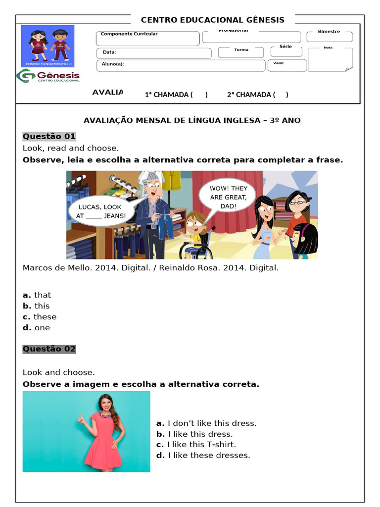 Avaliação de Inglês - 3º Ano | PDF