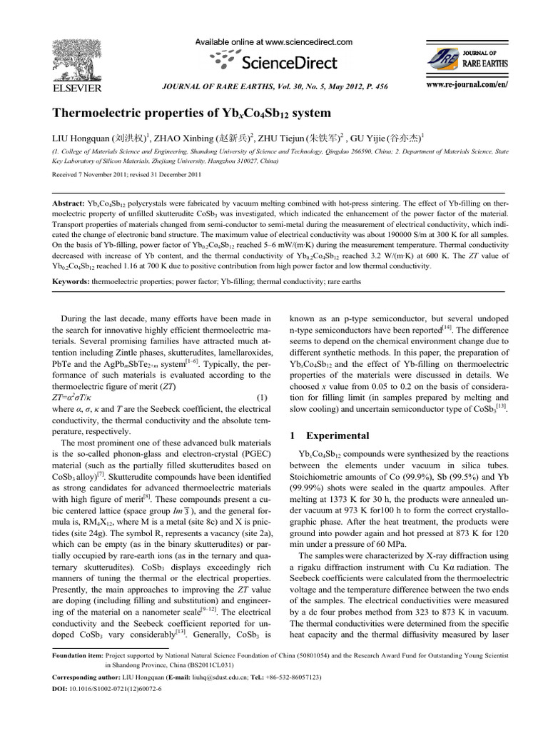 Thermoelectric Properties of YbxCo4Sb12 | PDF | Electrical Resistivity ...
