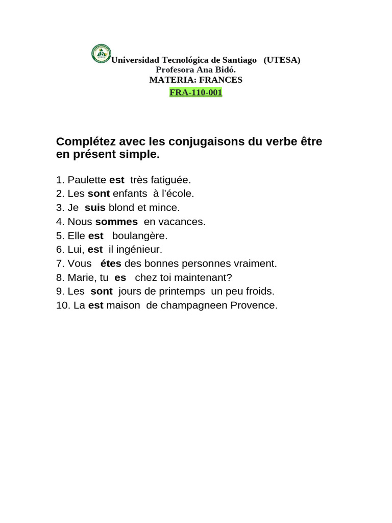 Conjugaison du verbe être en français | PDF