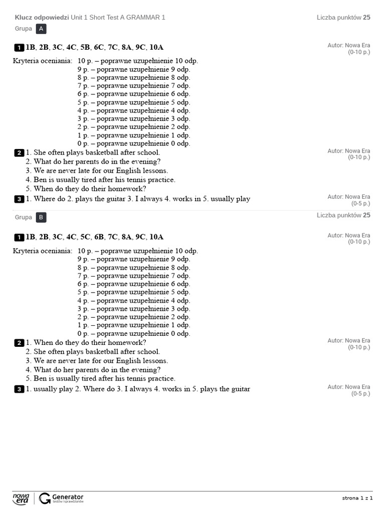 Unit 1 Short Test A GRAMMAR 1 Klucz Odpowiedzi | PDF