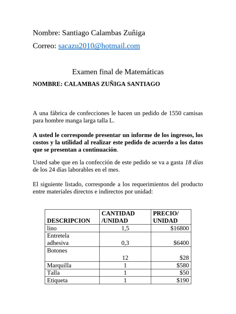 Examen Final Matematicas | PDF | Negocios | Finanzas y dinero