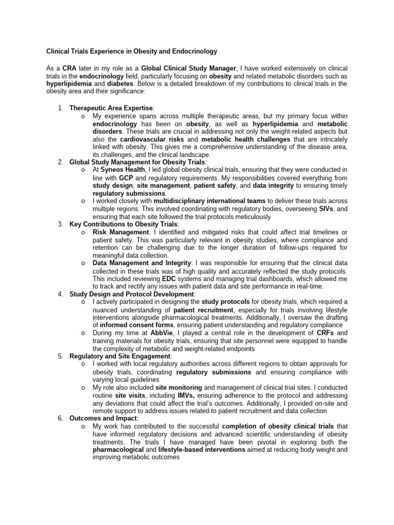 Clinical Trials Experience in Obesity and Endocrinology | PDF ...