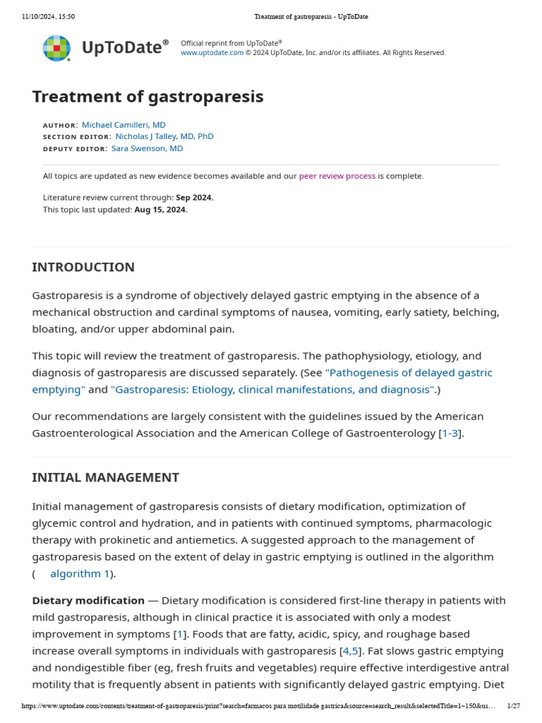 Treatment of Gastroparesis - UpToDate | PDF | Nausea | Medical Treatments