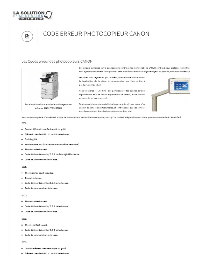 Codes Erreur Photocopieur Canon PDF Photocopieur Travail de bureau — free download