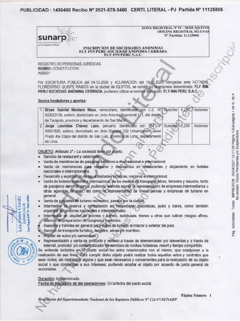 Copia Literal Fly Inn Peru Sac | PDF