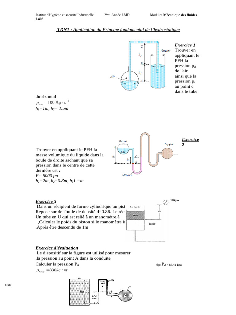Hydrostatique : Exercices et Calculs | PDF | mesure de pression | Pression