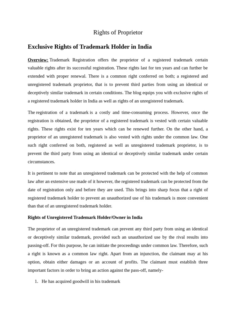 Trademark Holder Rights in India | PDF | Trademark | Assignment (Law)