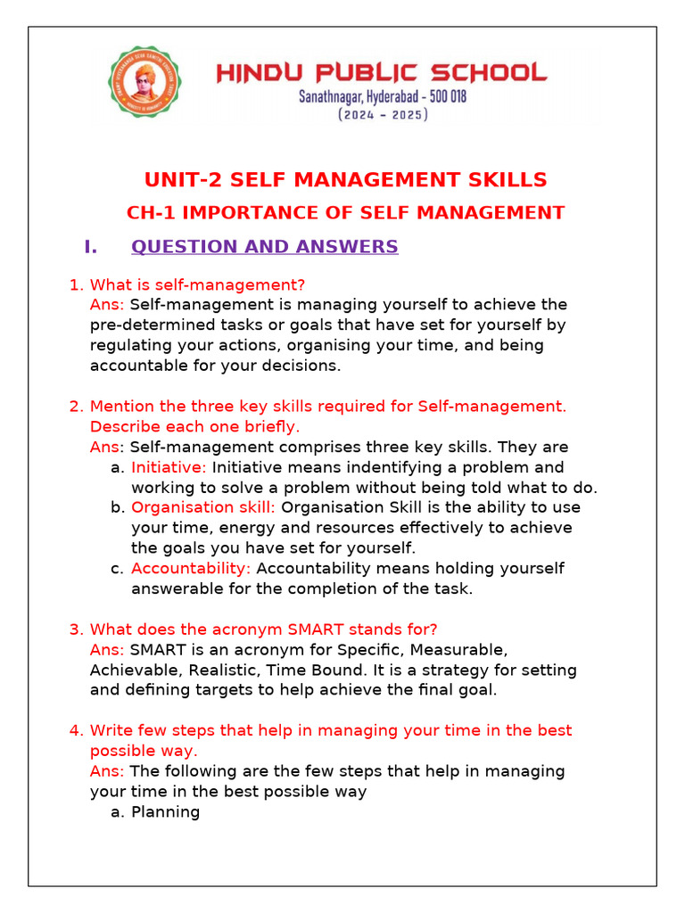 Class 9 Self Management Skills Guide | PDF | Professional Skills ...
