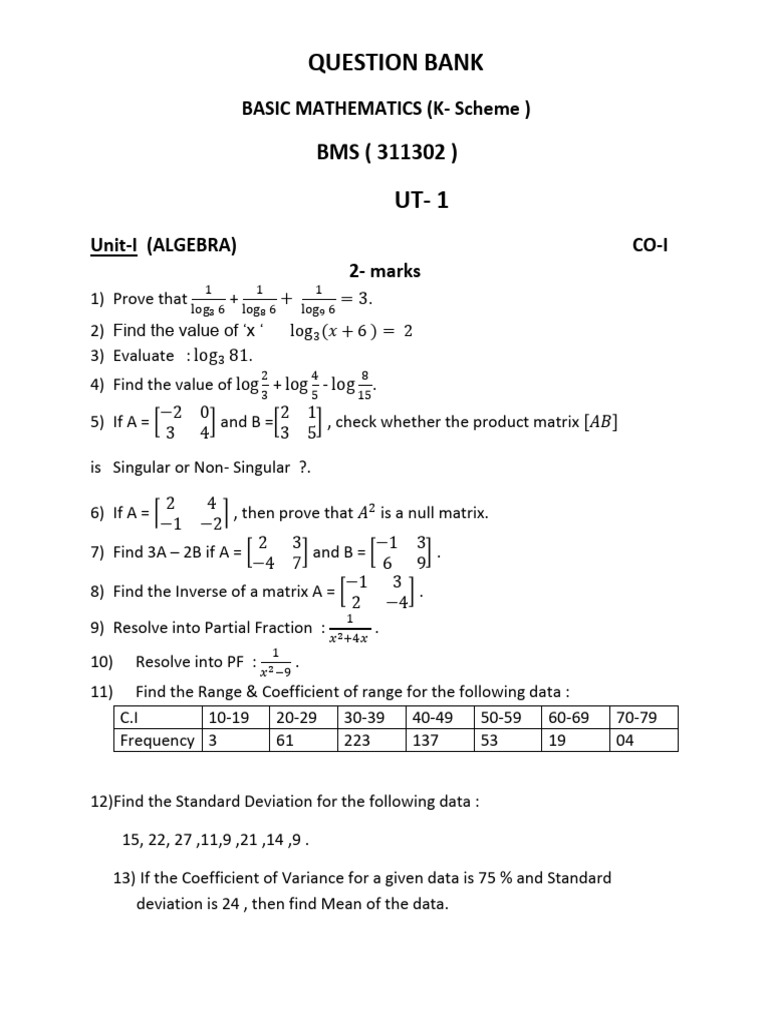 Bms 311302 Question Bank Sem I Ut 1 | PDF | Matrix (Mathematics ...