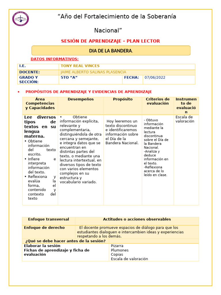Sesión Plan Lector Martes Pdf Aprendizaje