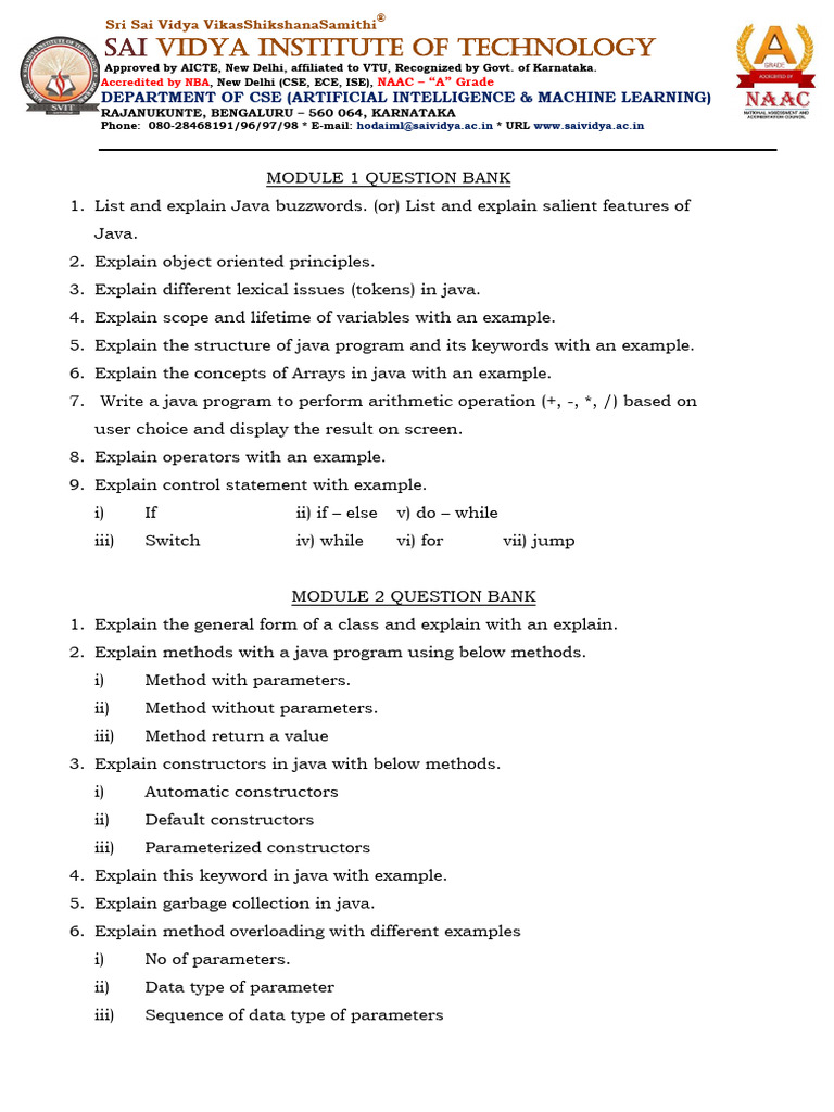 Module 1 & 2 Question Bank | PDF | Constructor (Object Oriented ...