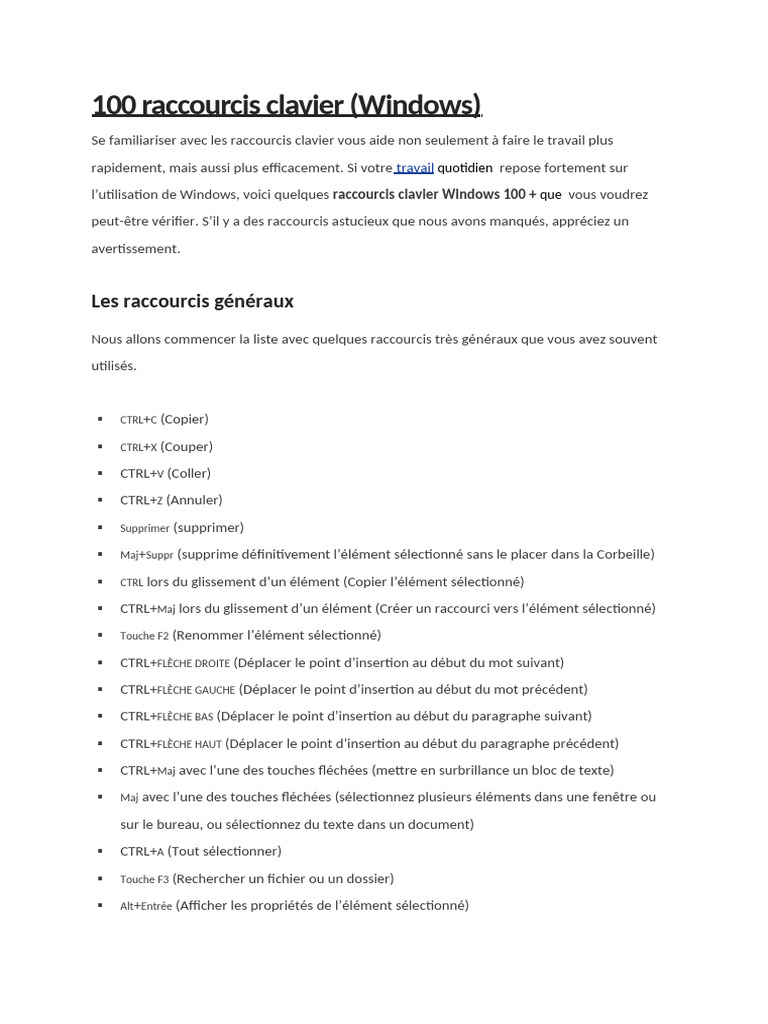 100 Raccourcis Clavier Windows PDF | PDF | Logiciel | Informatique