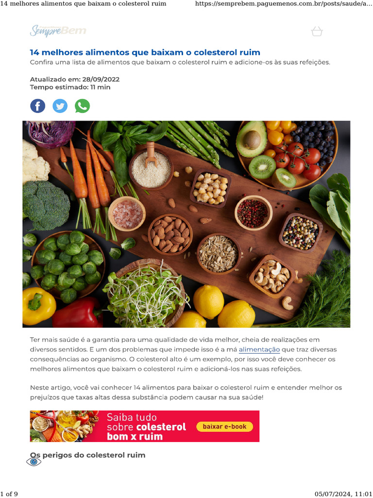 14 Alimentos que Reduzem Colesterol Ruim | PDF | Lipídio