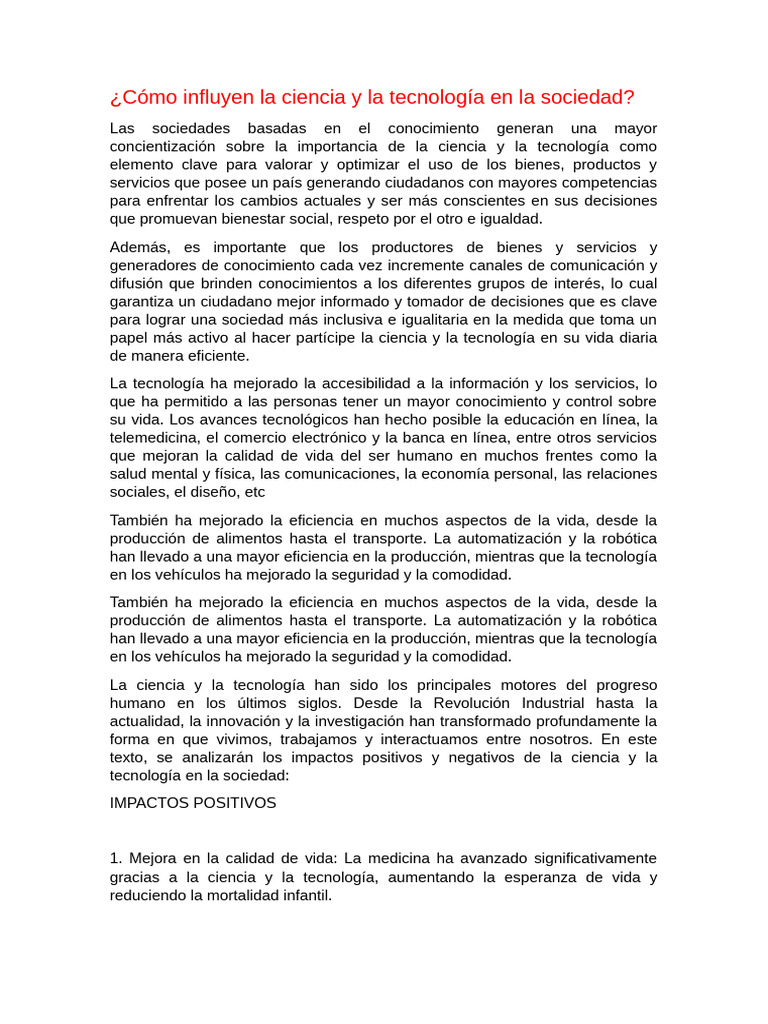 Impacto de Ciencia y Tecnología en la Sociedad | PDF | Sociedad ...