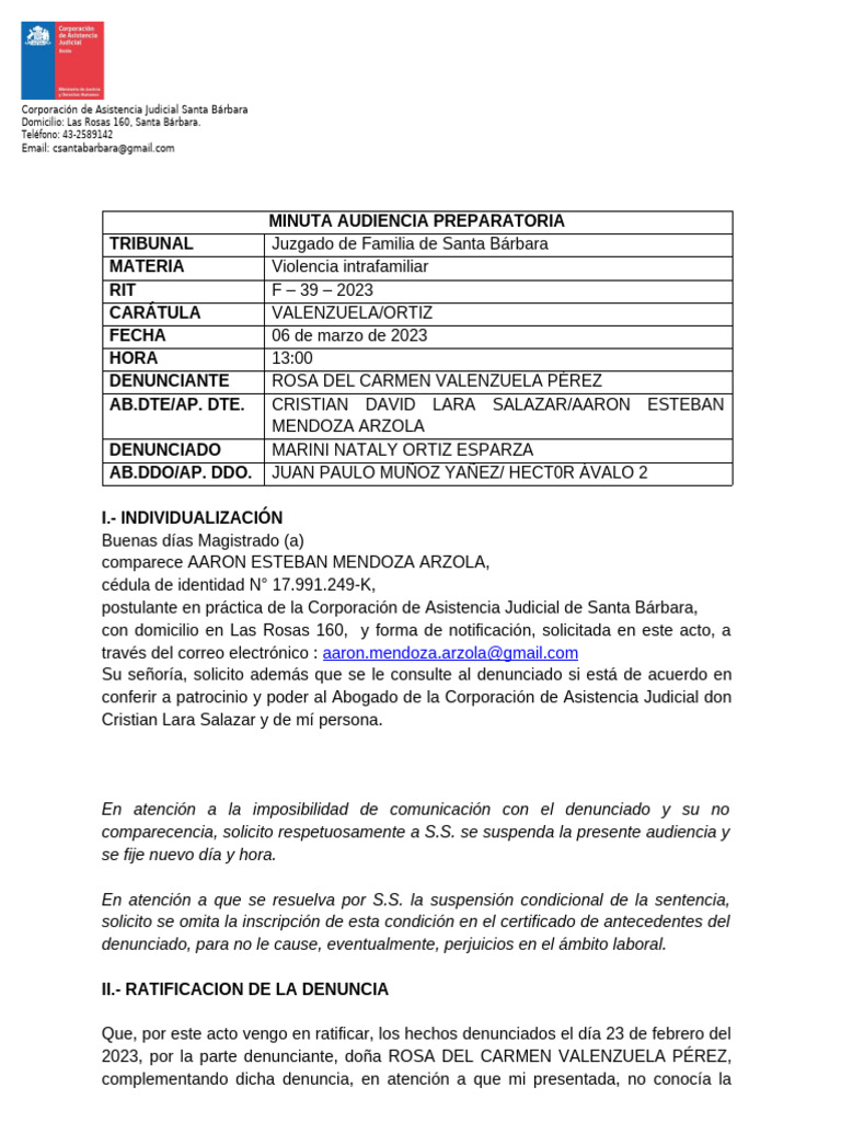 Minuta Audiencia Violencia Intrafamiliar | PDF | Justicia | Crimen y ...
