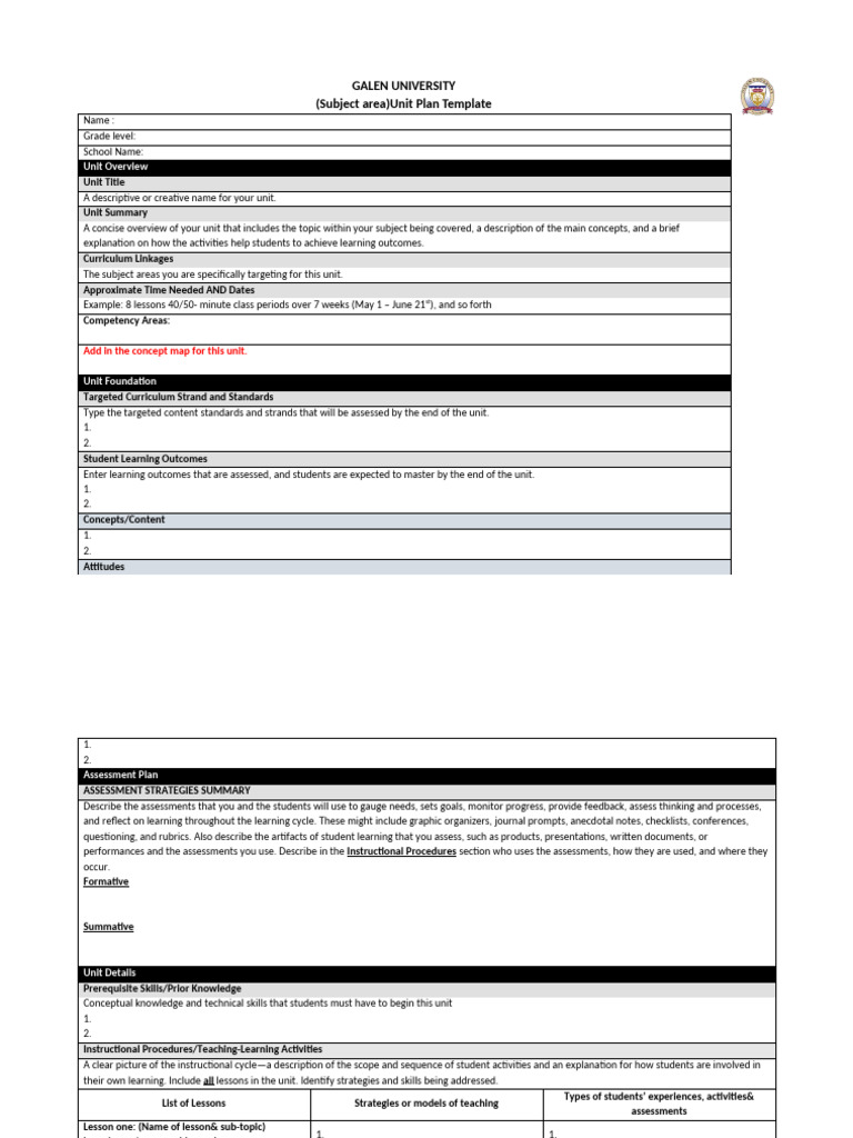 Unit Plan Template | PDF | Educational Assessment | Pedagogy