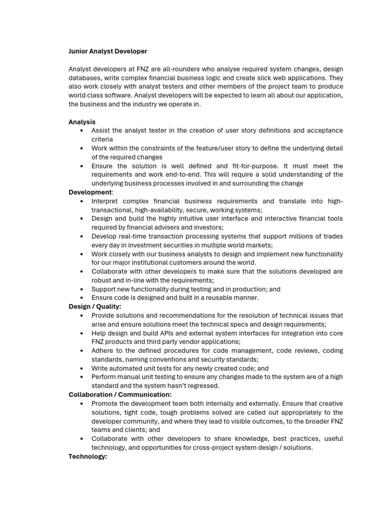 Junior Analyst Developer JD Rf1e8b49ea6d | PDF | Software Testing ...