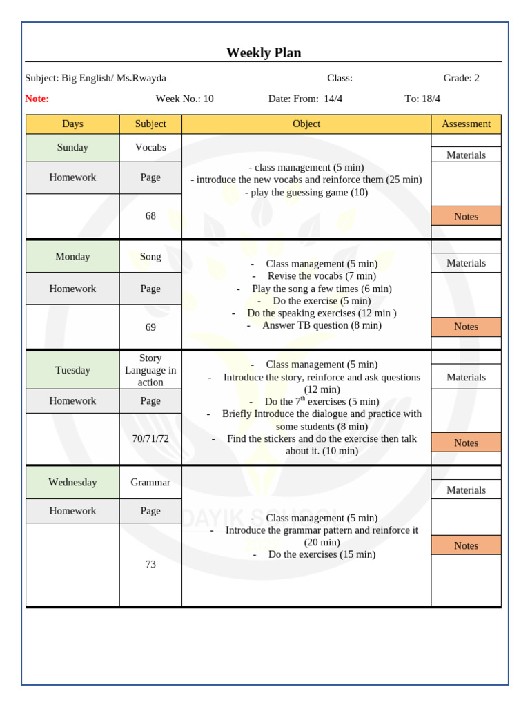 Weekly Plan 2S G2 Templete | PDF | Linguistics