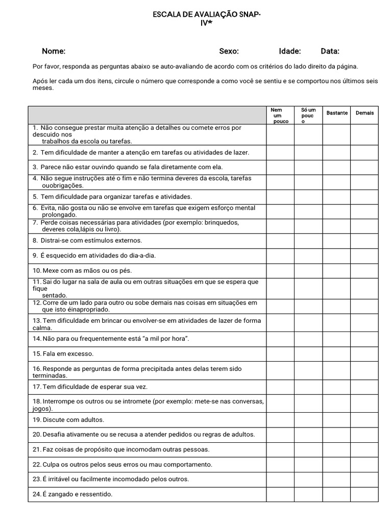 Avaliação SNAP-IV para TDAH | PDF | Transtorno de déficit de atenção e ...