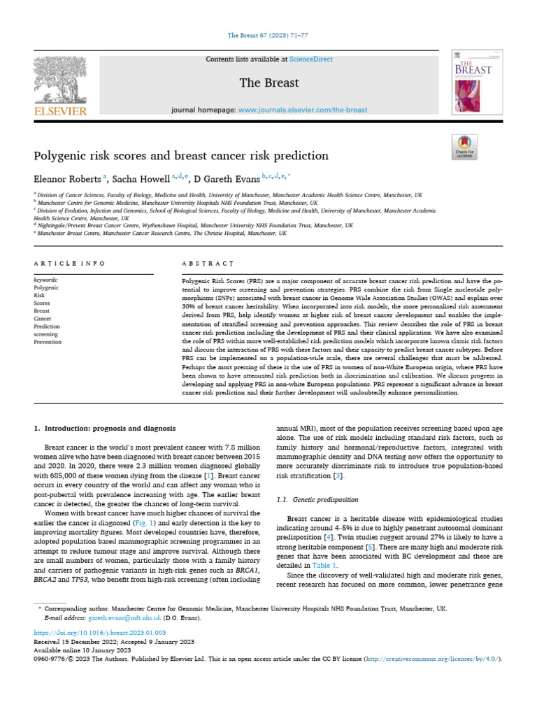 Polygenic Risk Scores in Breast Cancer | PDF | Genome Wide Association ...