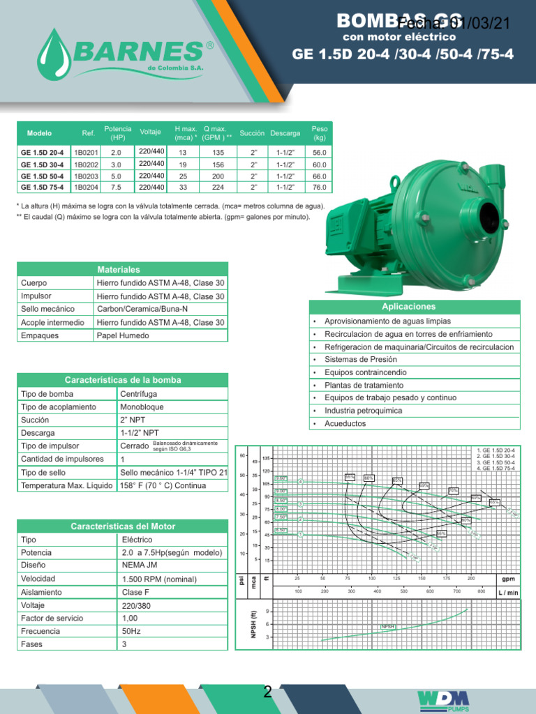 Manual Modelo GE 1.5 D 3HP 1450 RPM (194) - Primarias | PDF | Bomba