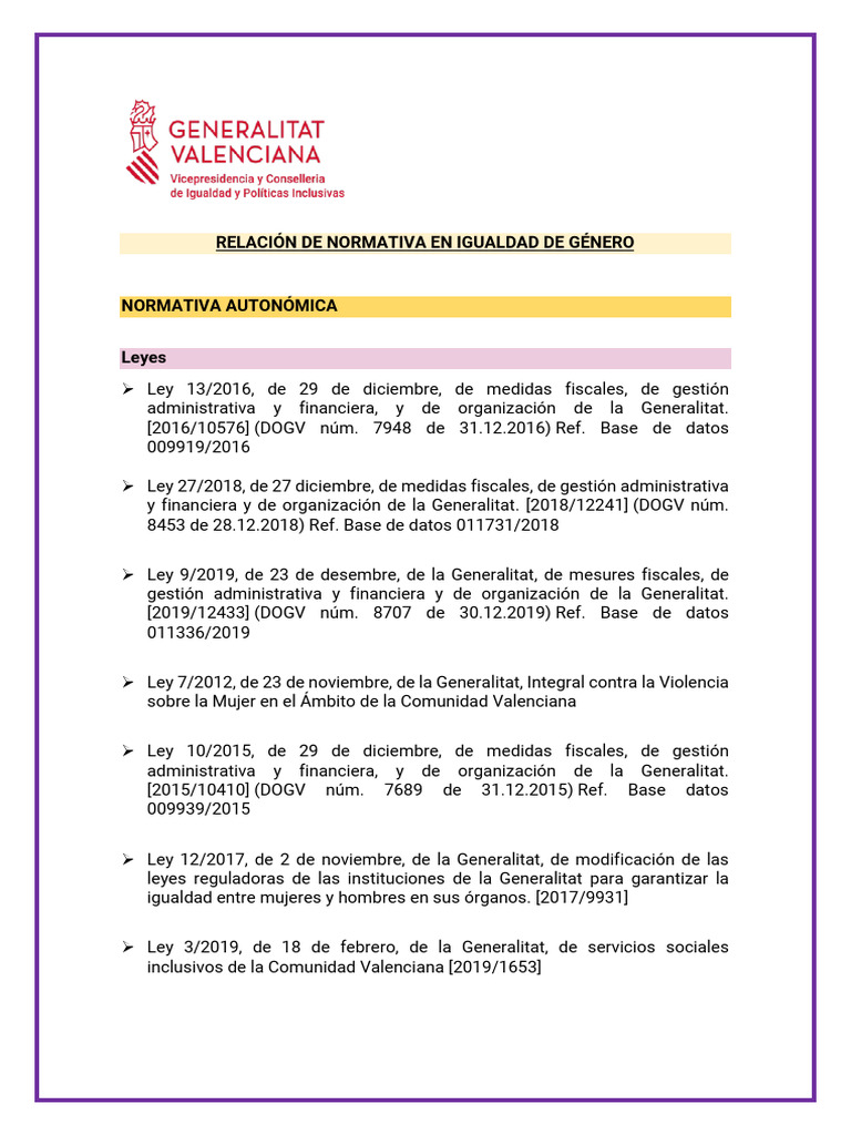Normativa sobre Igualdad de Género en CV | PDF | Igualdad de género ...