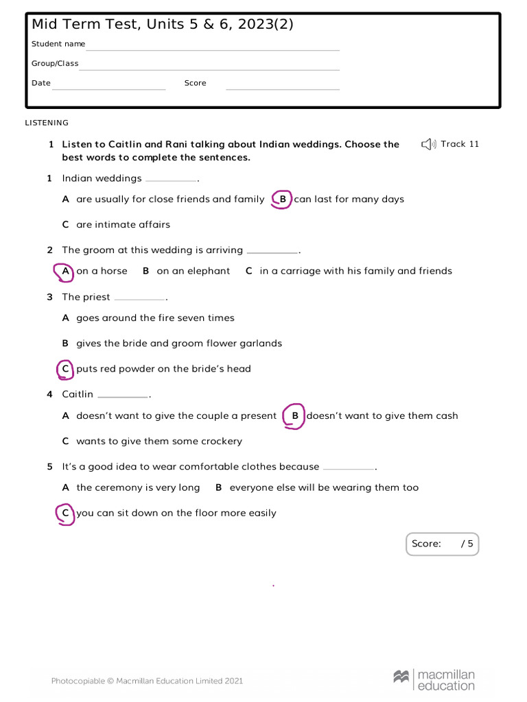 Mid Term Test, C1a, Units 5&6, 2023 | PDF | Language Arts & Discipline