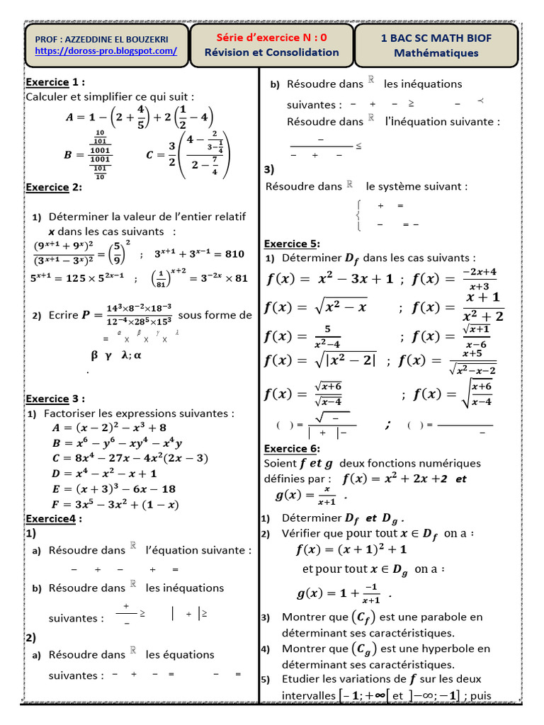 Exercices de Mathématiques 1 Bac SC | PDF | Racine carrée | Analyse ...