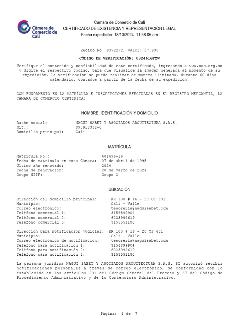 Certificado Camara de Comercio 18 Oct 2024 | PDF | Finanzas y dinero ...