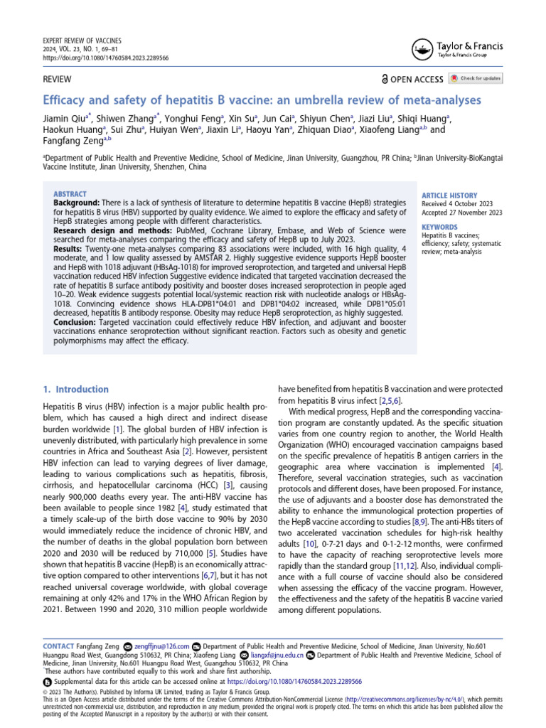 Efficacy and Safety of Hepatitis B Vaccine - An Umbrella Review of Meta ...
