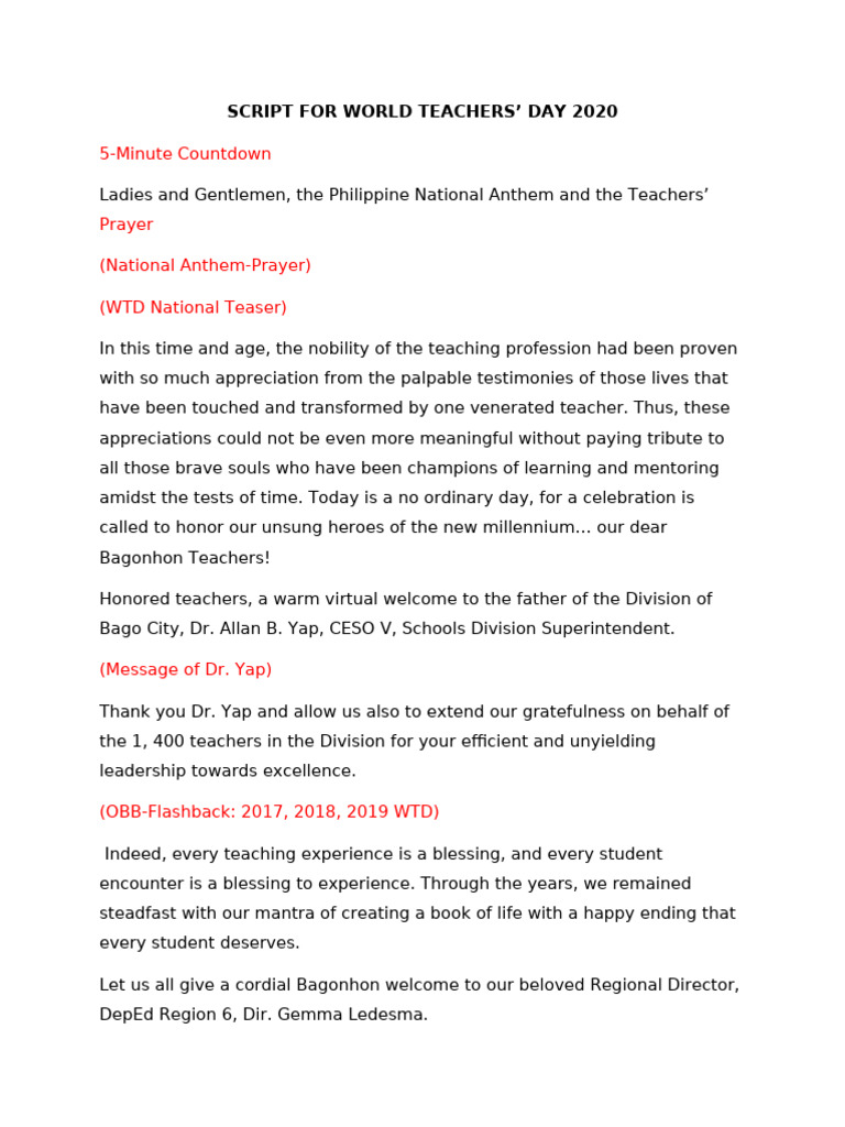 World Teachers' Day 2020 Celebration Script | PDF